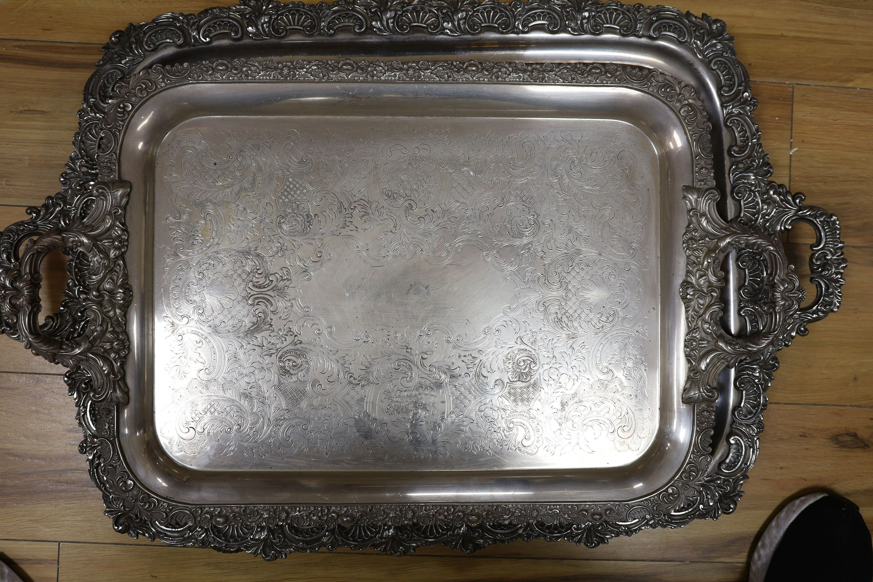 4 Victorian silver plated trays, Largest 77cm